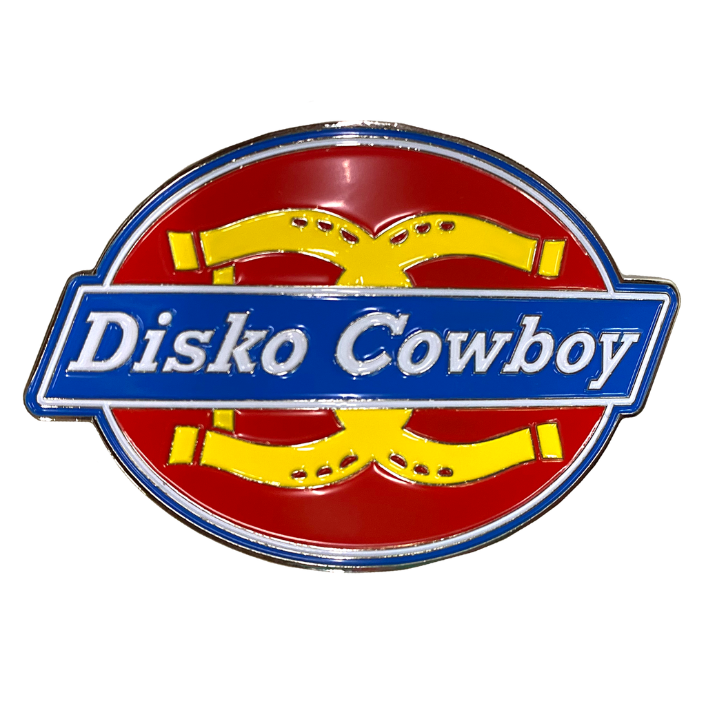 "Diskies" is a 3.5" X 2.25" enamel belt buckle by Vinyl Ranch. Check out the full Disko Cowboy Collection