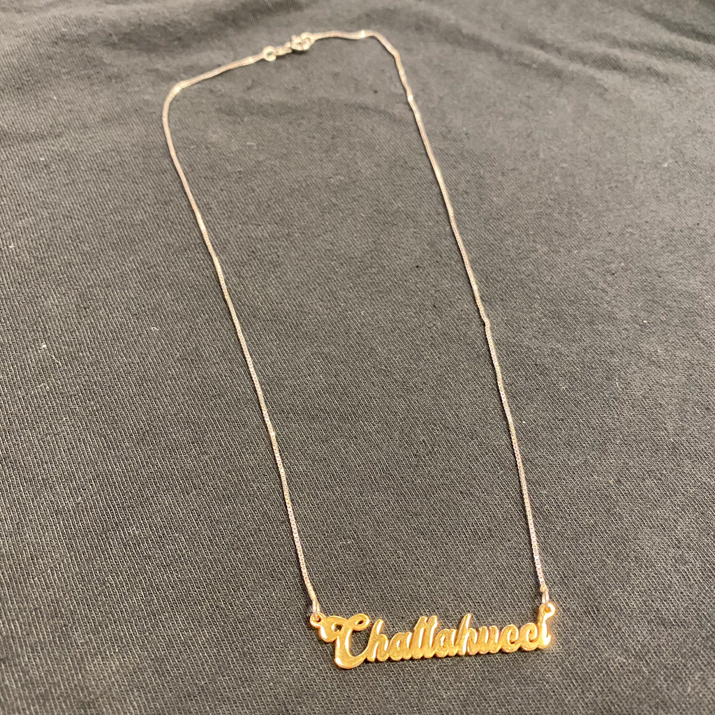 The "Chattahucci Nameplate Chain" is produced in silver and gold vermeil by Vinyl Ranch. 16" chain length. Check out the full Chattahucci Collection