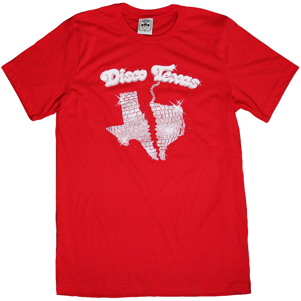"Disco Texas" by Vinyl Ranch features a metallic silver & white design on a classic red tee. Check out the full Disko Cowboy Collection