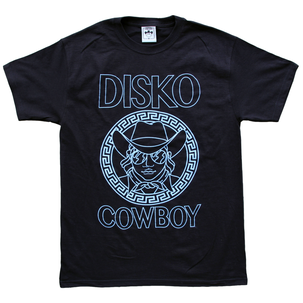 "Versayce Cowboy" by Vinyl Ranch is printed in glowing powder blue ink on a classic black tee. Check out the full Disko Cowboy Collection