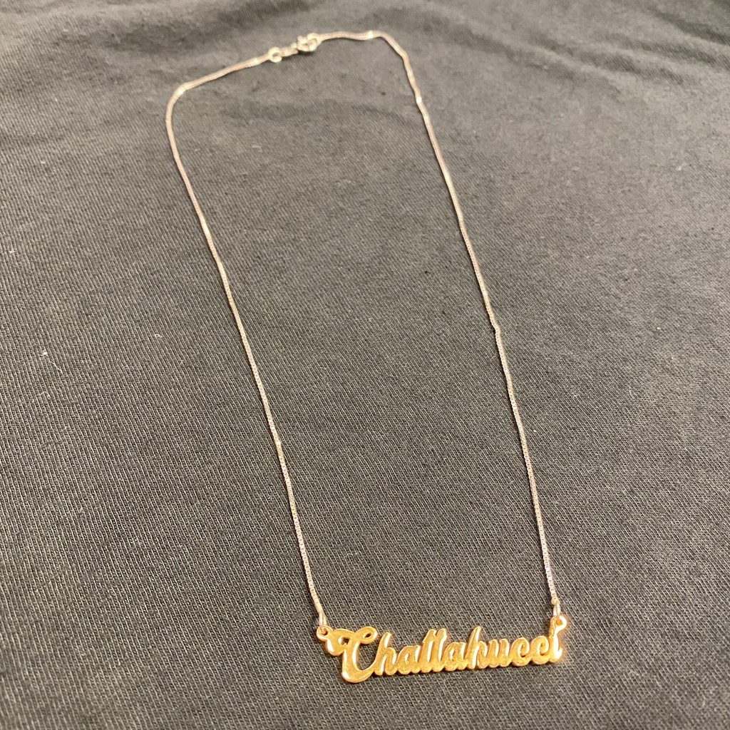The "Chattahucci Nameplate Chain" is produced in silver and gold vermeil by Vinyl Ranch. 16" chain length.  Check out the full Chattahucci Collection
