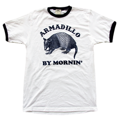 "Armadillo By Mornin'" printed on a navy & white ringer tee by Vinyl Ranch.