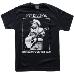 "Roy Division Hee Haw" by Vinyl Ranch is a remixed graphic in white printed on a classic black tee.